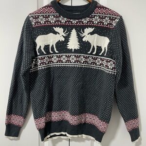 ASPEN - FAIR ISLE MOOSE SWEATER DARK GREY, RED& CREAM